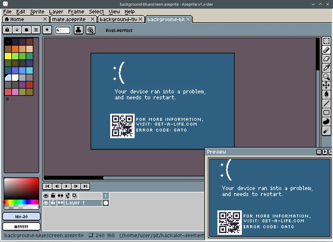 A bluescreen background in Aseprite